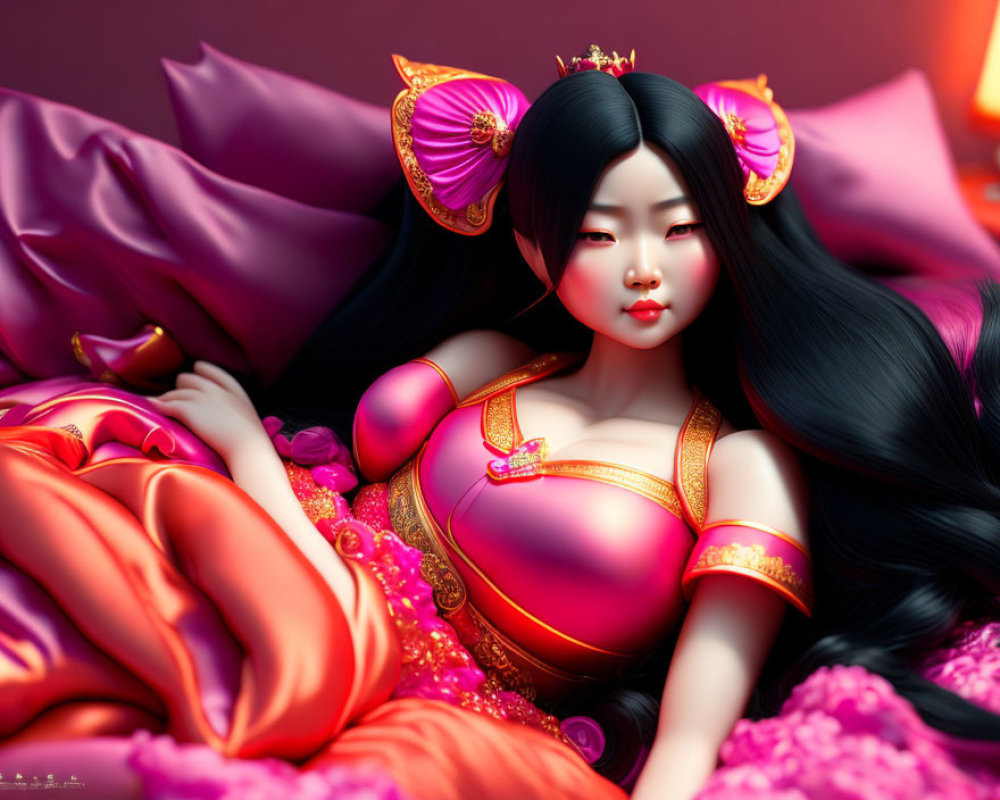 Illustrated character in red and gold attire reclining on plush red surface