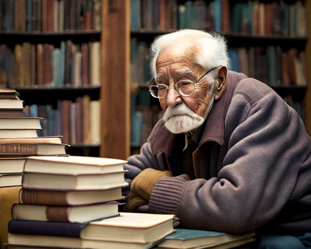 White-bearded elderly man with glasses in library surrounded by books