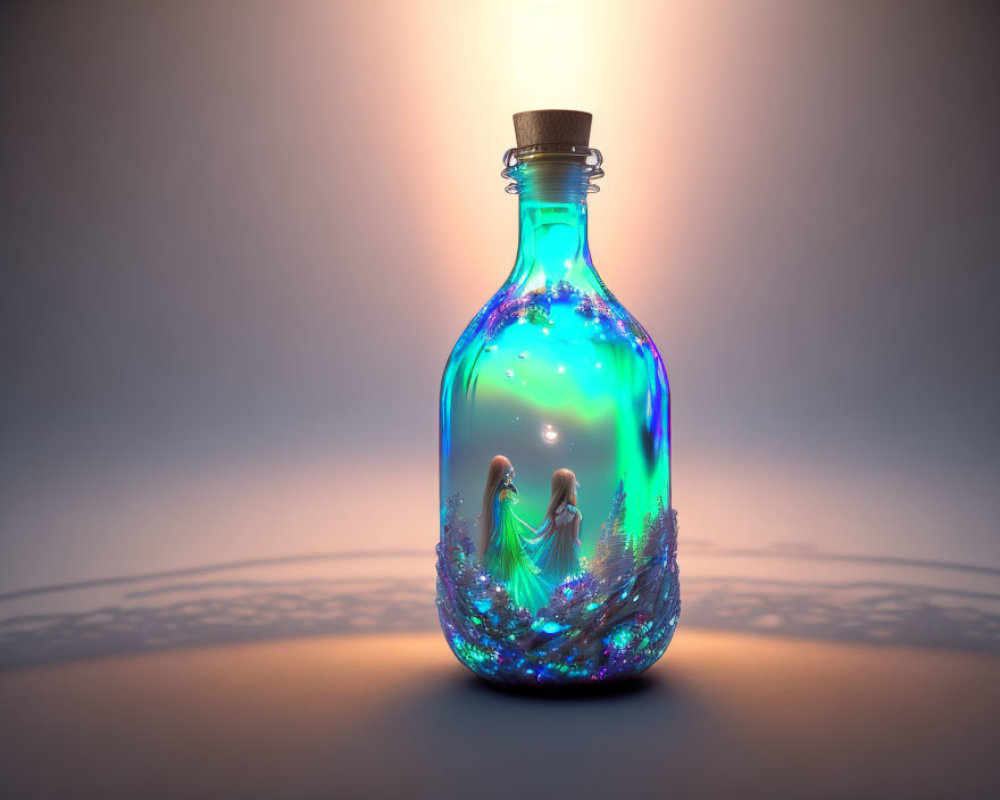 Glowing blue bottle with cork and magical miniature scene on reflective surface