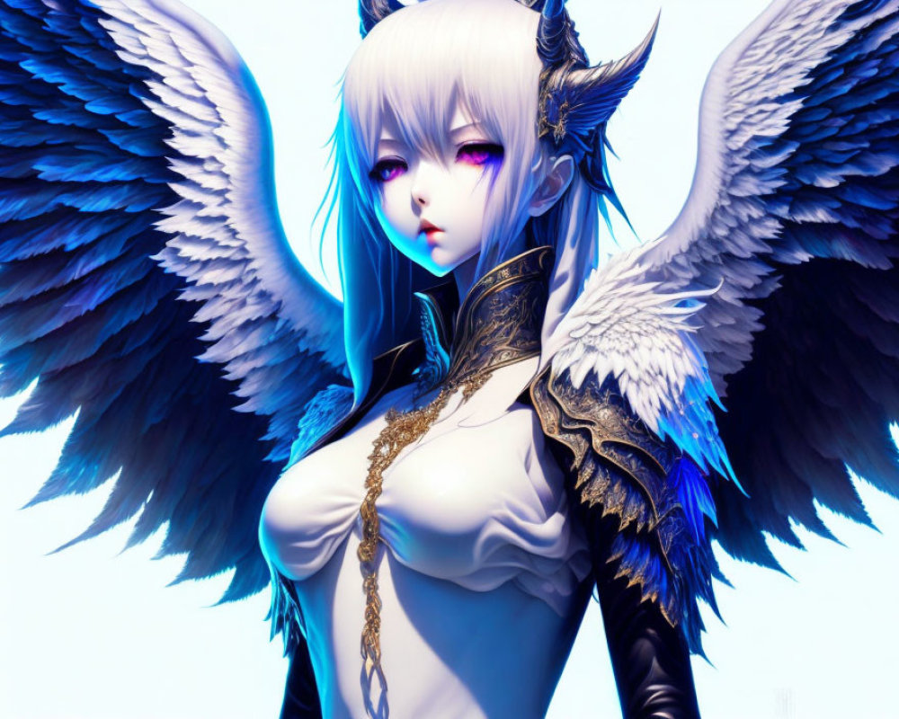 Fantasy character with white hair, purple eyes, black wings, and ornate blue armor