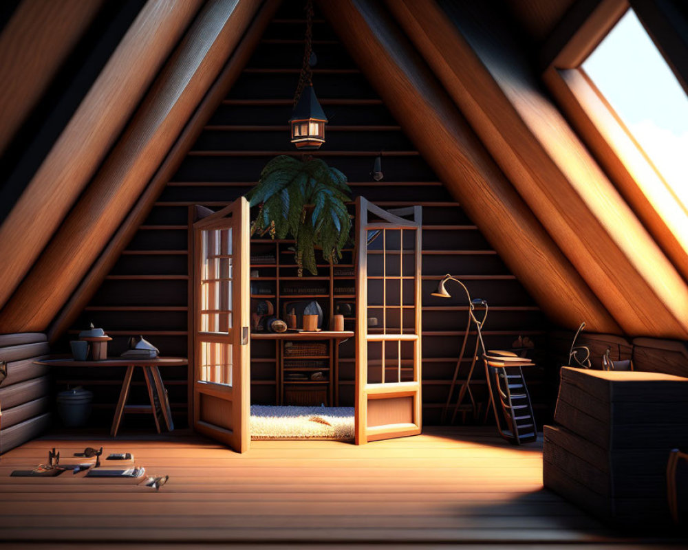 Inviting attic room with wooden bookshelf, reading nook, hanging plant, and sunlight.