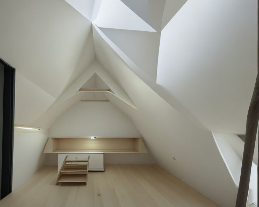 Geometric white walls and wooden floor in minimalist attic room