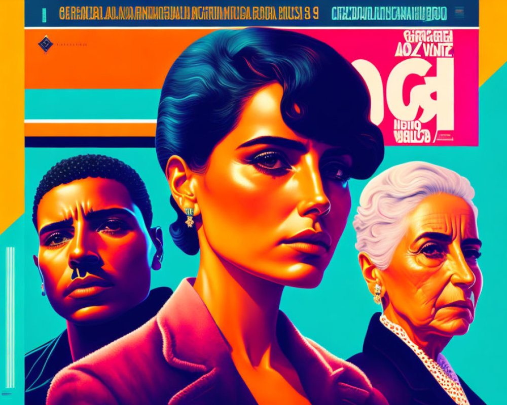 Retro-futuristic trio in orange and blue setting