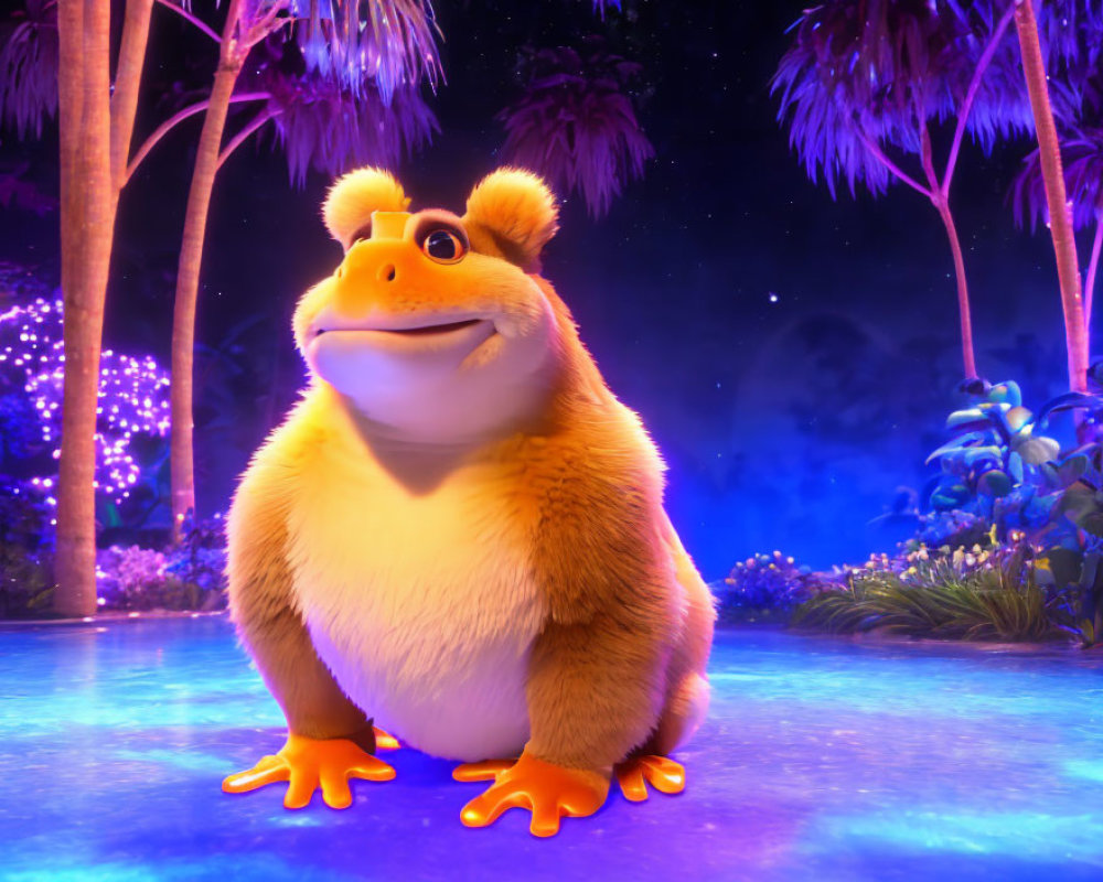 Colorful animated frog in starry night scene with exotic plants