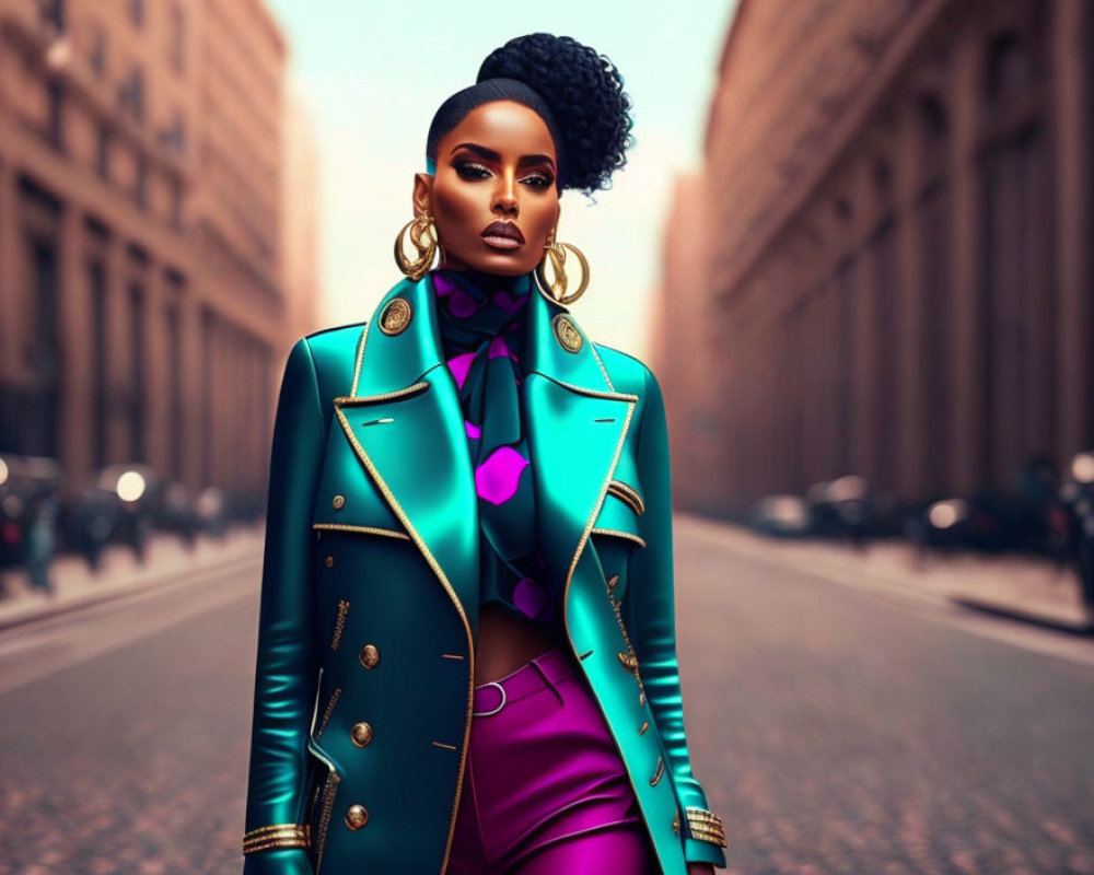 Confident woman with bold makeup in teal blazer on city street