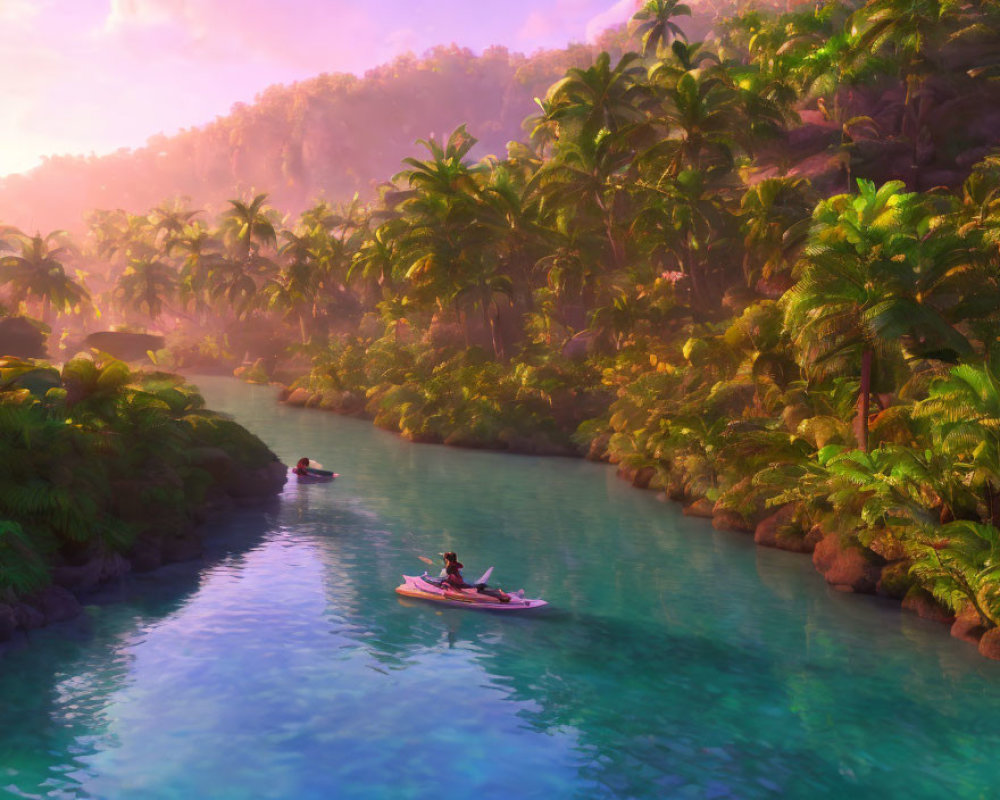 Tropical river with palm trees and kayakers at sunset