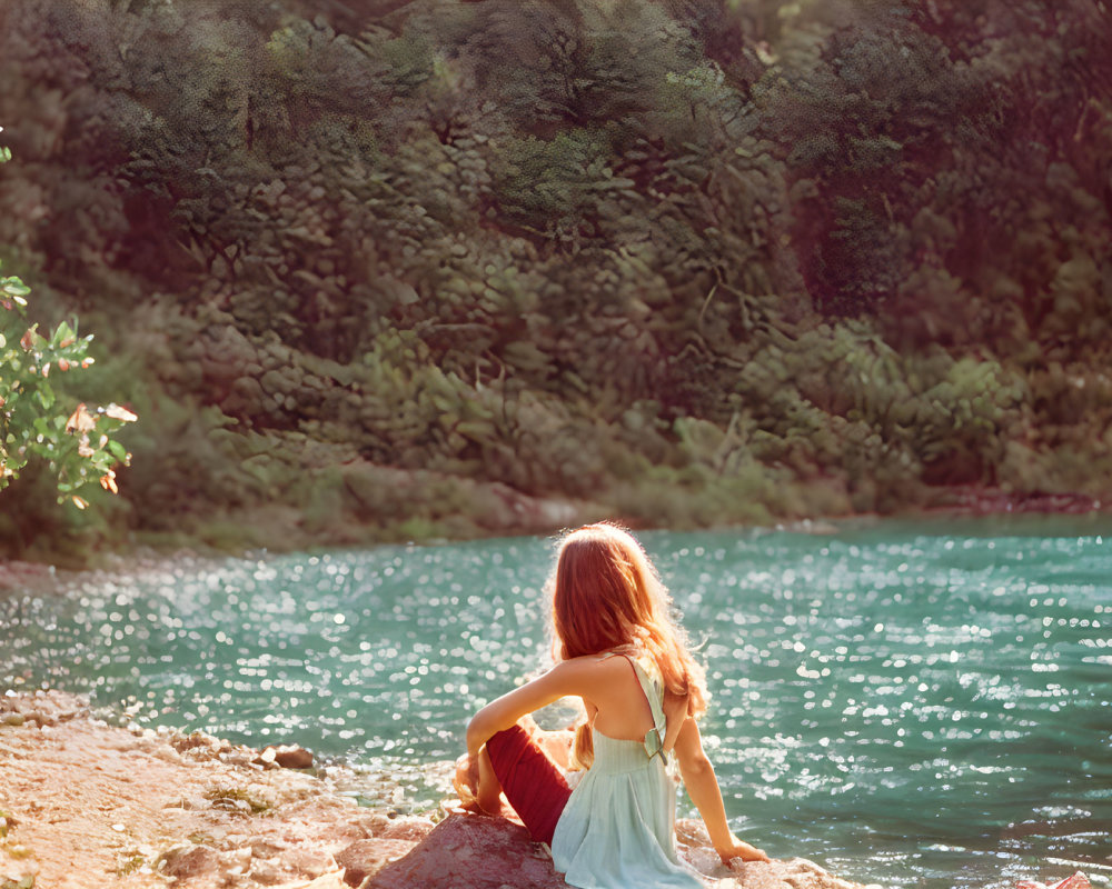 Person sitting on rocky shore by tranquil lake with lush greenery and sunbeams