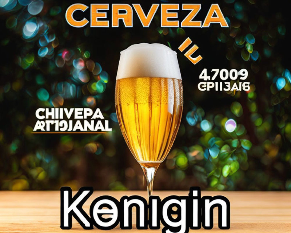 Foamy beer glass with "Cerveza" text on bokeh background