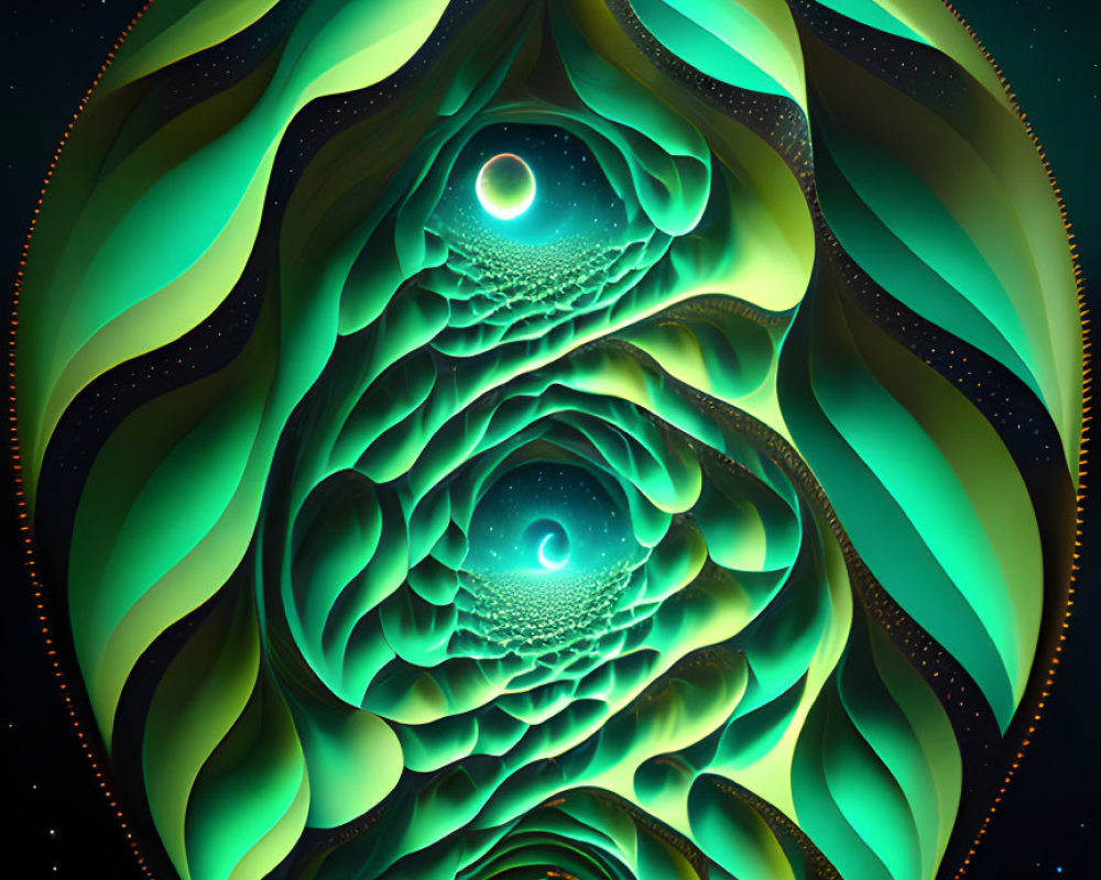 Spiraling tunnel entrance with glowing edges and celestial bodies