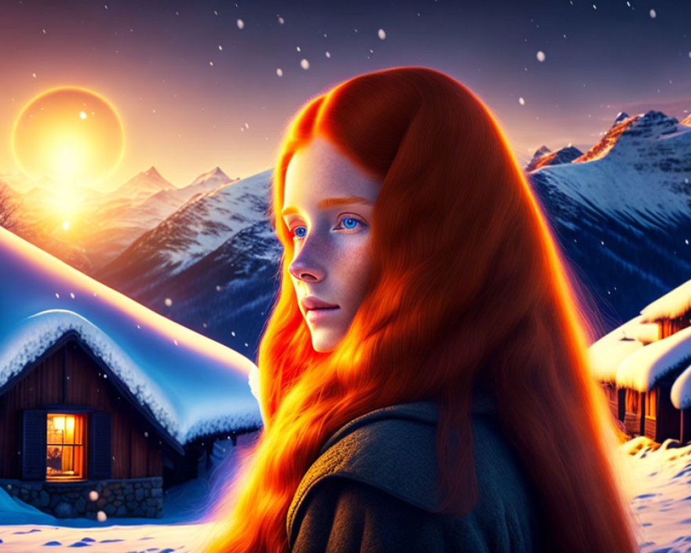Red-haired woman admires snowy mountain scene with cozy cabins.