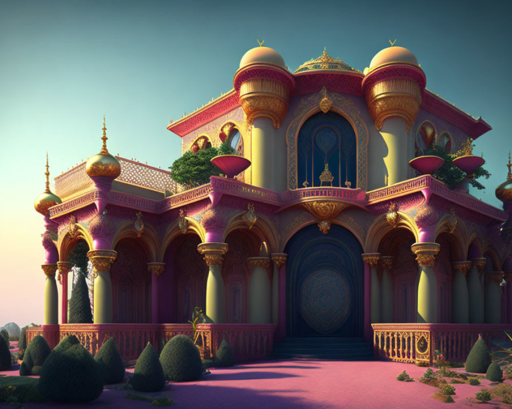 Opulent palace with golden domes, blue door, and manicured greenery
