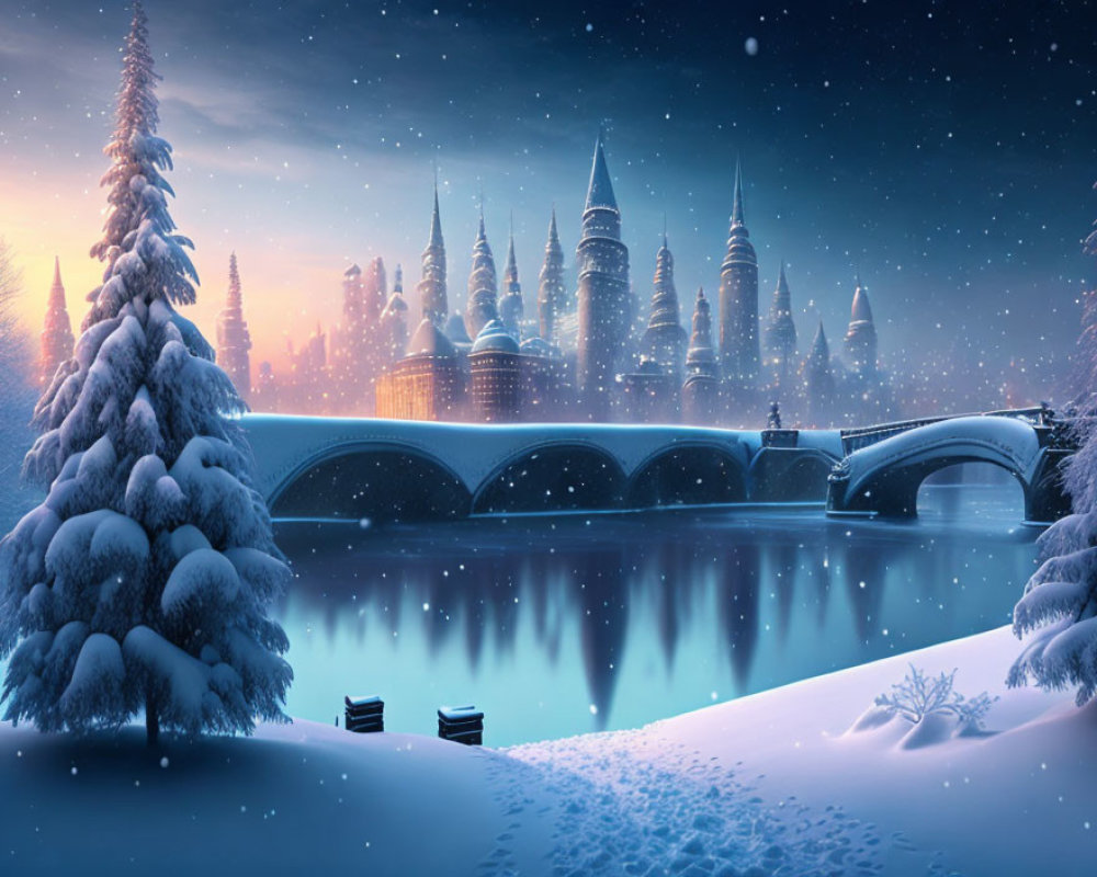 Snow-covered tree, icy river, bridge, city with spires in twilight.