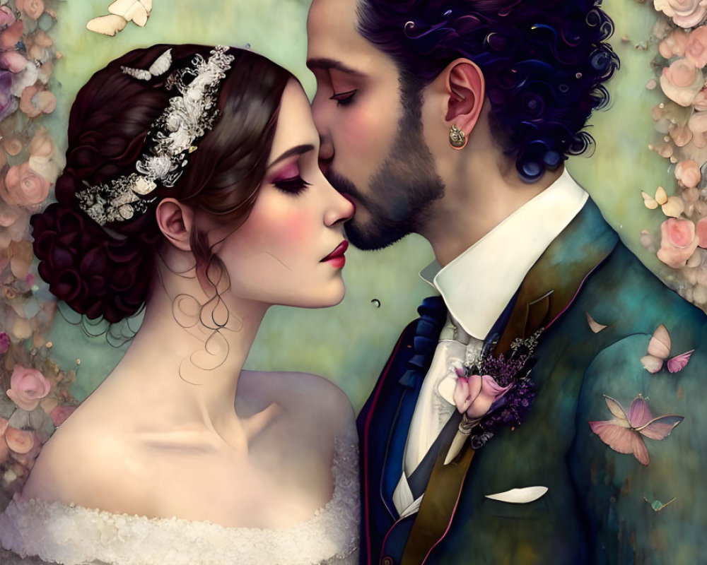 Wedding couple in romantic scene with butterflies and flowers