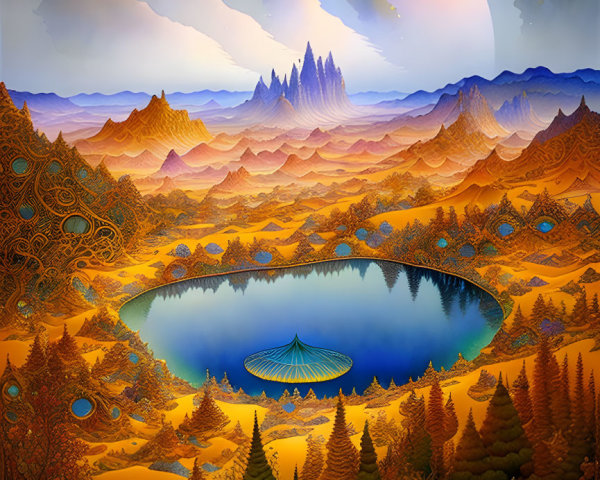 Vibrant surreal landscape with eclipse reflection and intricate trees