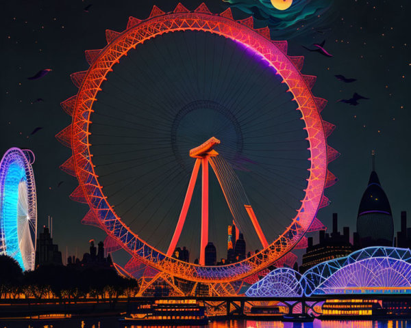 Cityscape illustration: neon-lit Ferris wheels by water at night