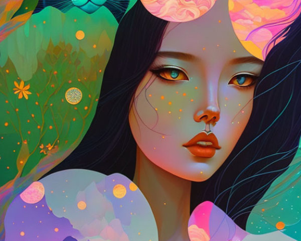 Surreal woman and cats artwork with nature and brain balloons