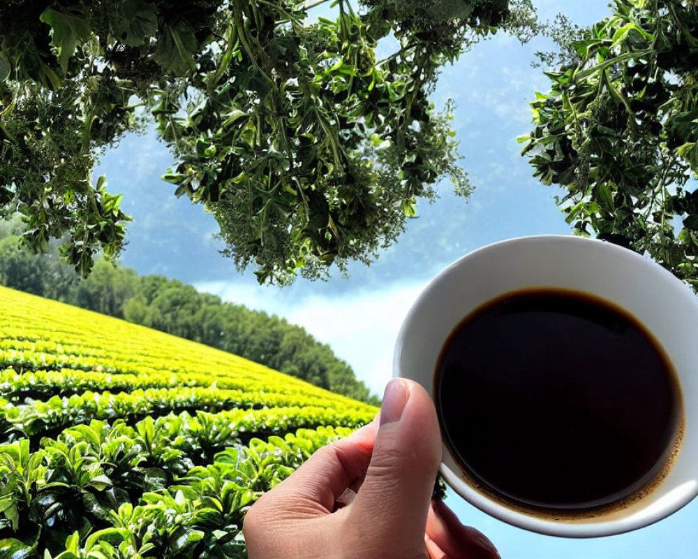 Hand holding coffee cup with green tea plantations in background