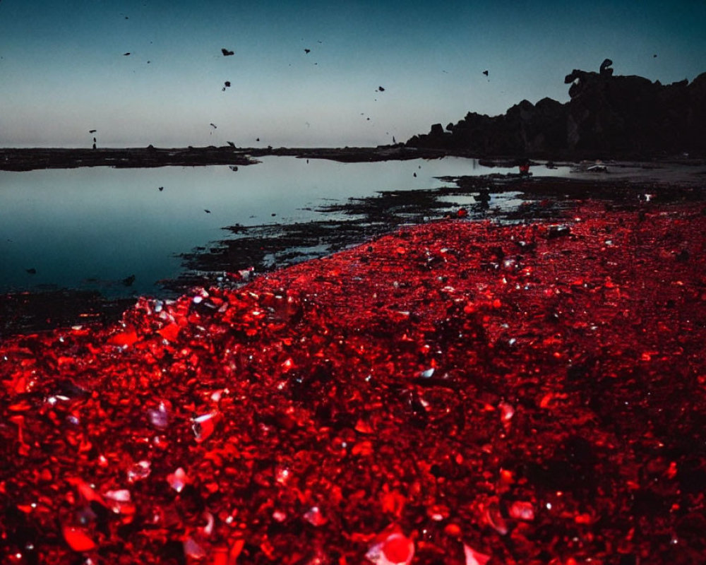 Twilight beachscape with red shore, tranquil water, flying birds