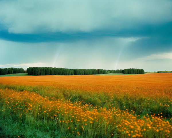 Field of Vibrant Orange Flowers Under Stormy Sky