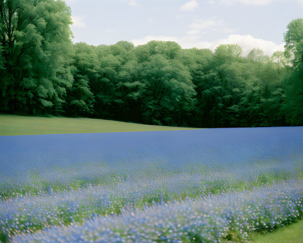 Vibrant blue field of blooming flowers with lush green forest background