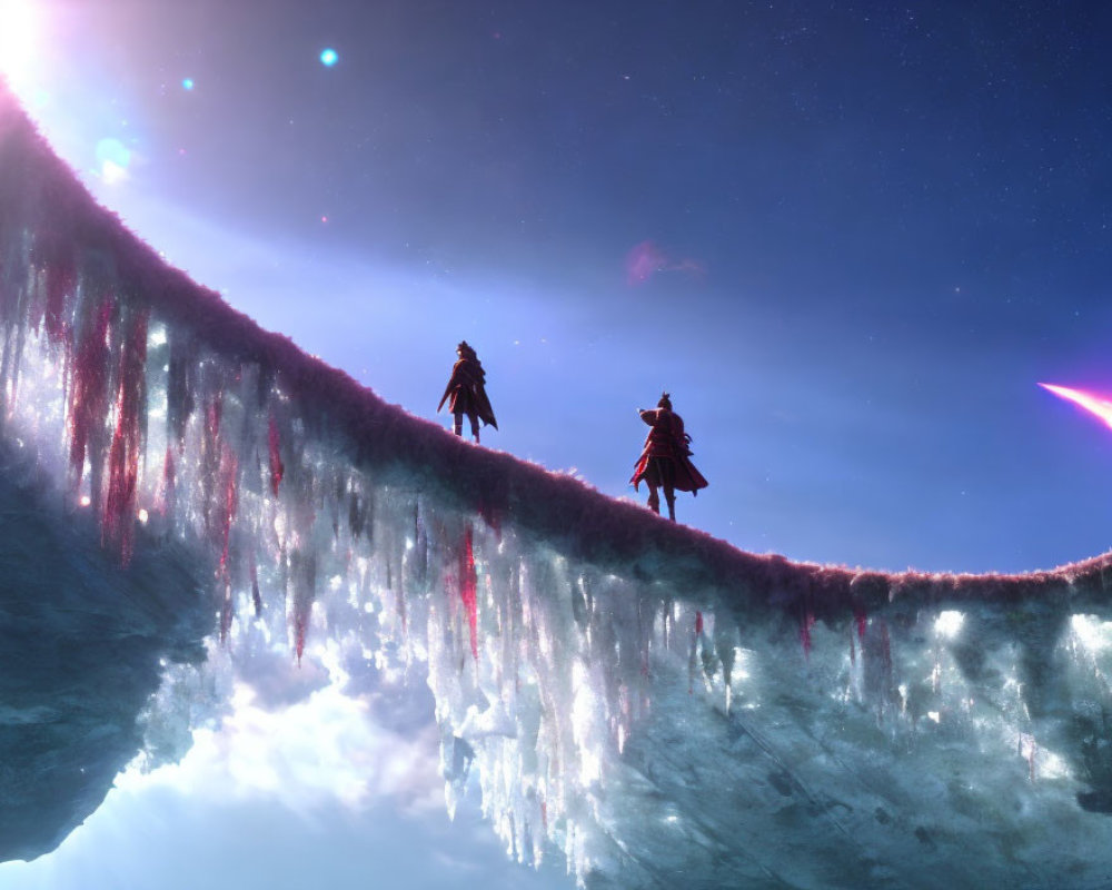 Figures on Cliff with Icicles in Fantastical Icy Landscape
