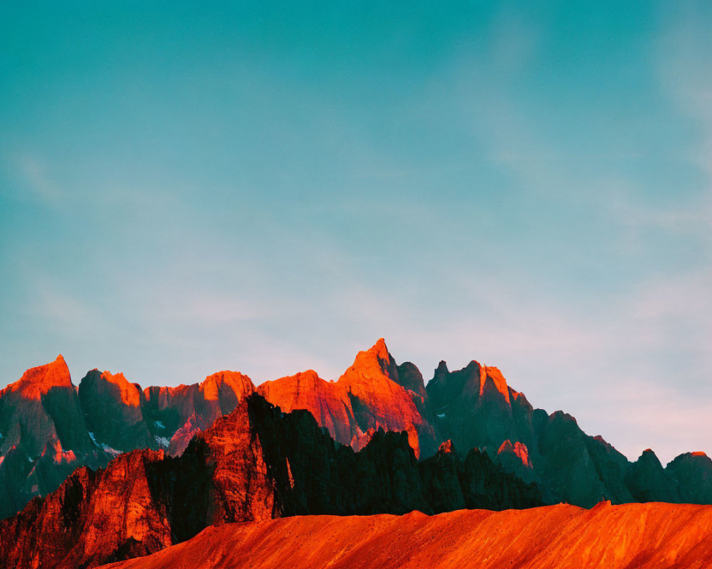 Vibrant sunset colors on jagged mountain peaks under blue sky