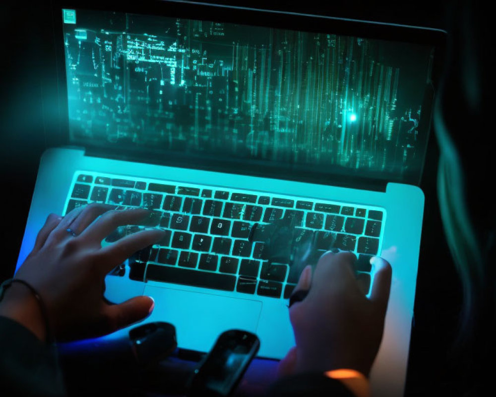 Person typing on laptop with green matrix code on screen