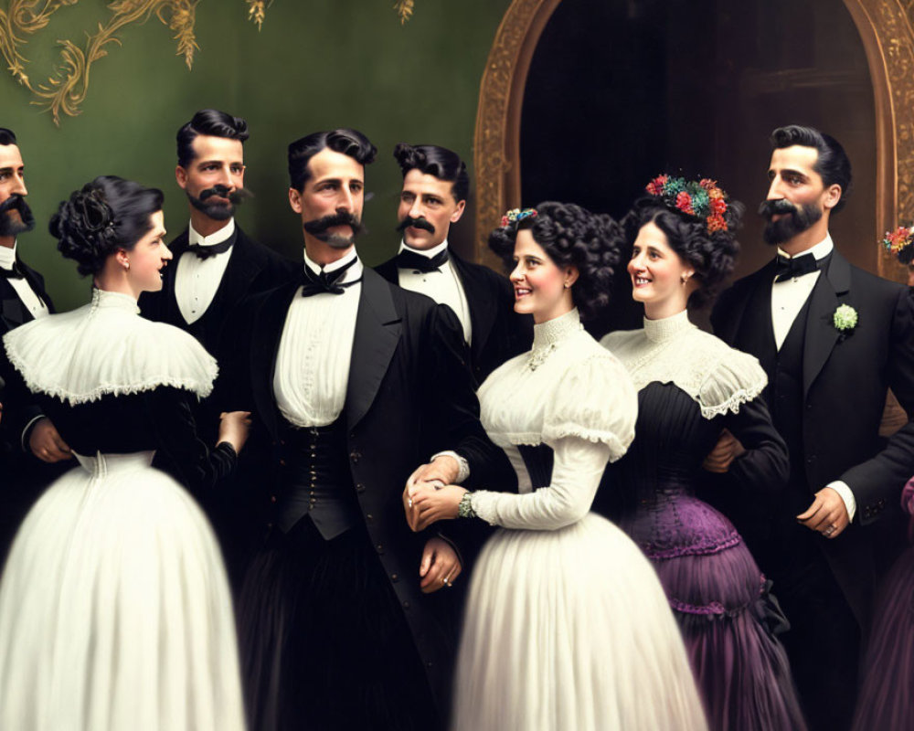 Victorian-era group in formal attire in room with green walls