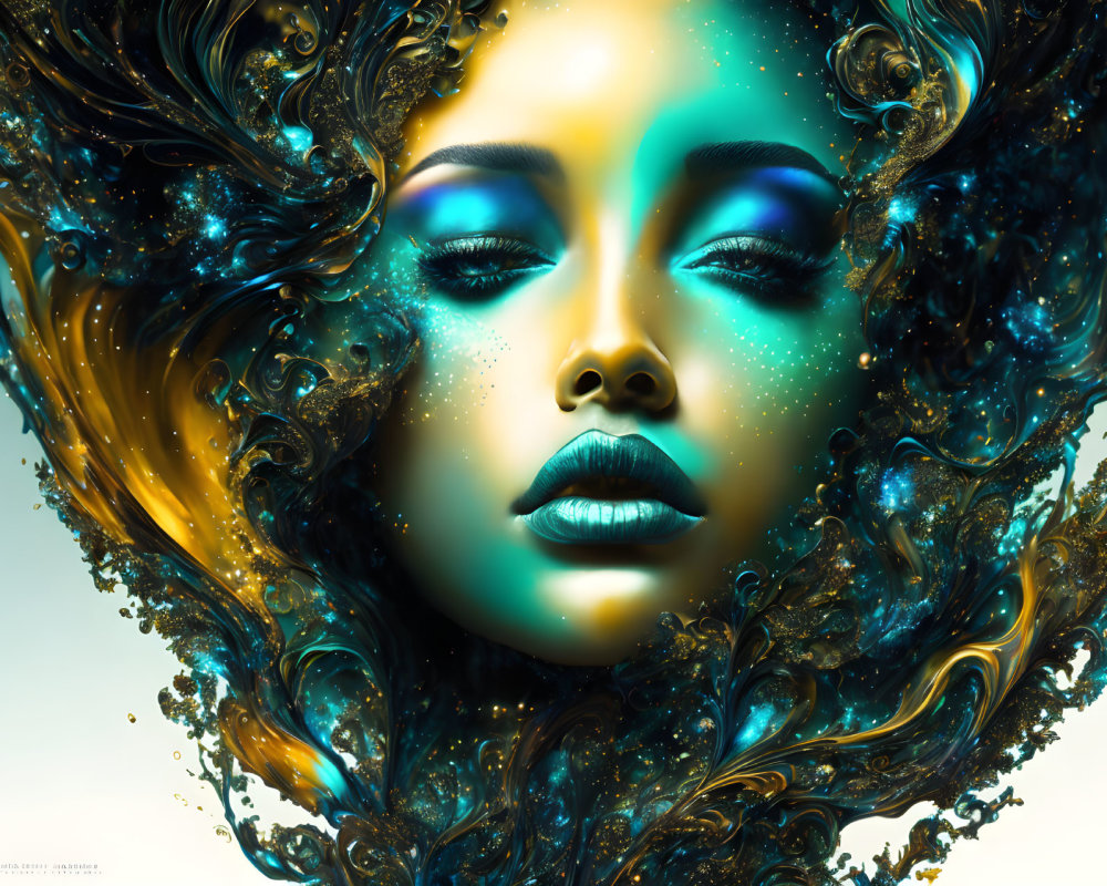 Digital artwork: Woman with blue and gold cosmic nebula hair and starry glow