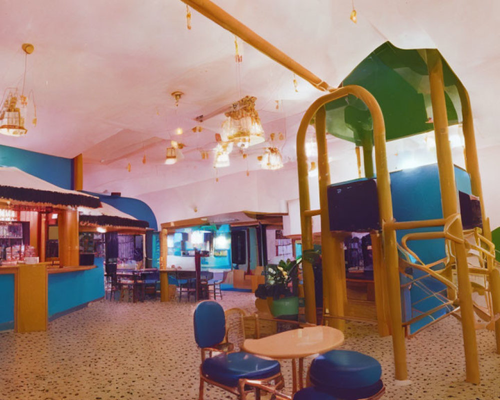 Retro cafe interior with blue and green walls, bar stools, patterned floor, pendant lights,