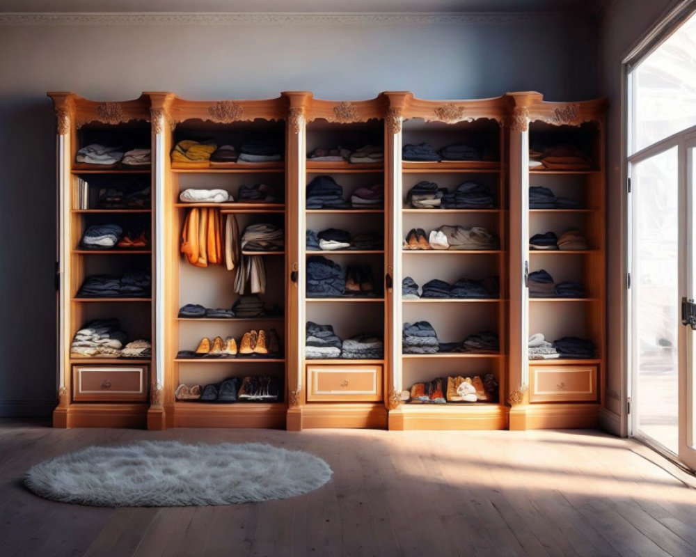 Sunlit Room with Large Organized Wooden Wardrobe