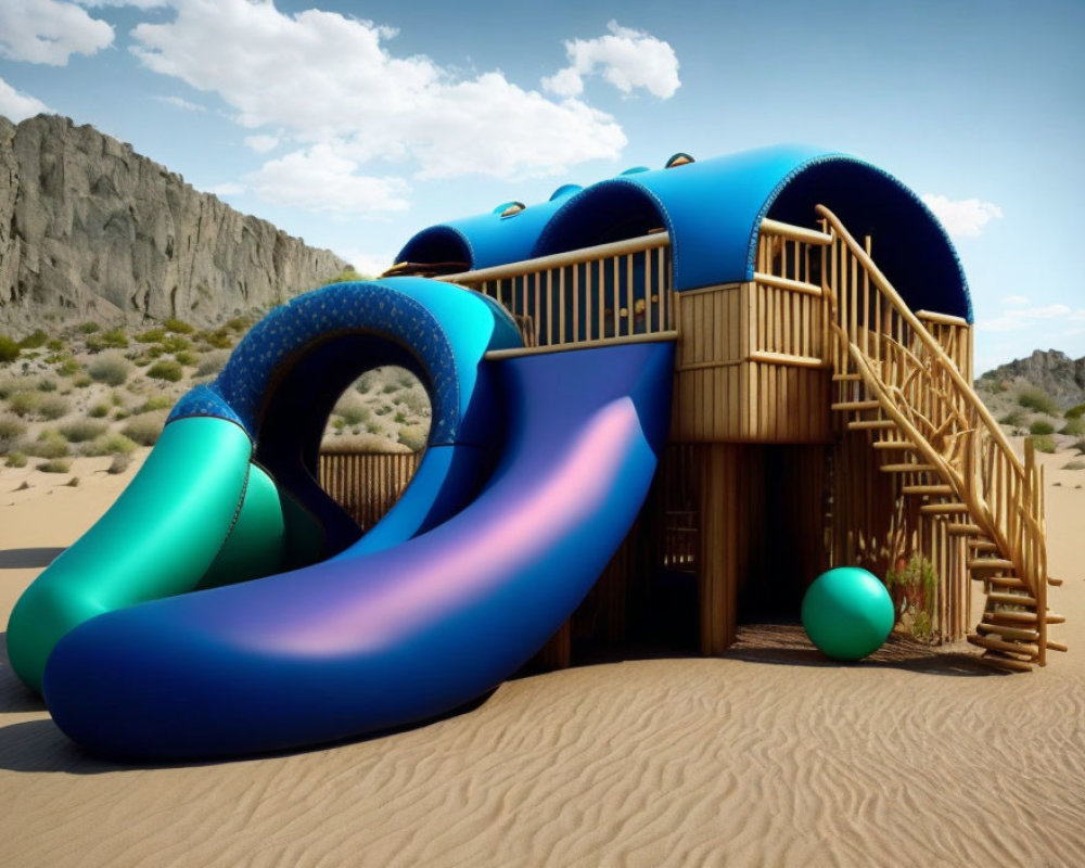 Vibrant playground with blue slide in desert setting