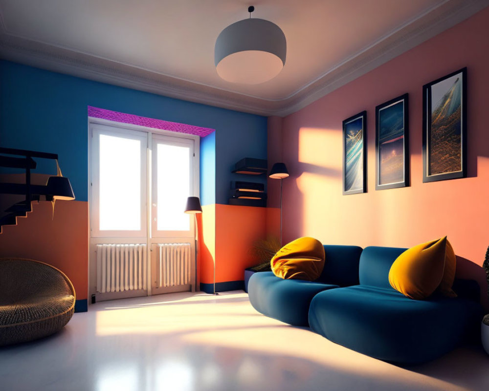 Sunset-themed room with blue sofa, yellow cushions, lamp, framed pictures, and staircase.