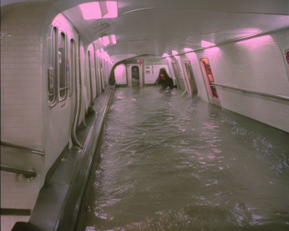 Flooded subway station with person wading and parked train