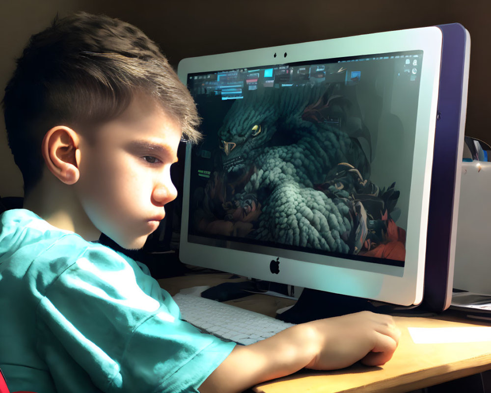 Young boy at iMac with dragon image in sunlit room