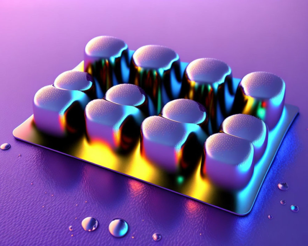 Iridescent Cylindrical Shapes on Reflective Purple Background