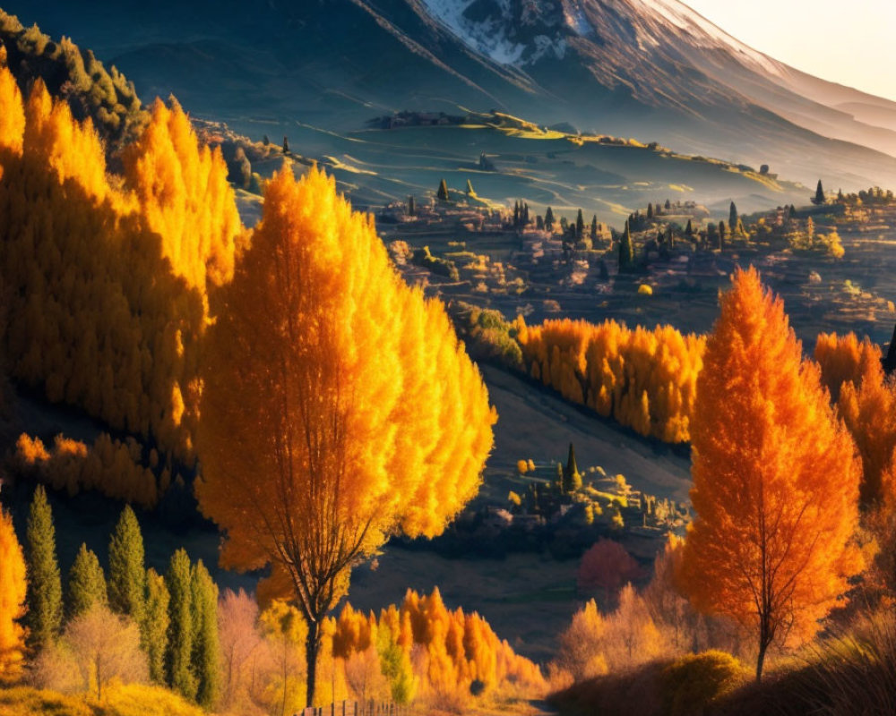 Scenic autumn landscape with winding road and snow-capped mountain