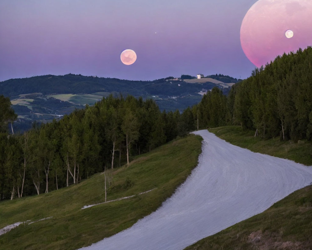 Composite image of winding road in forest with oversized moon