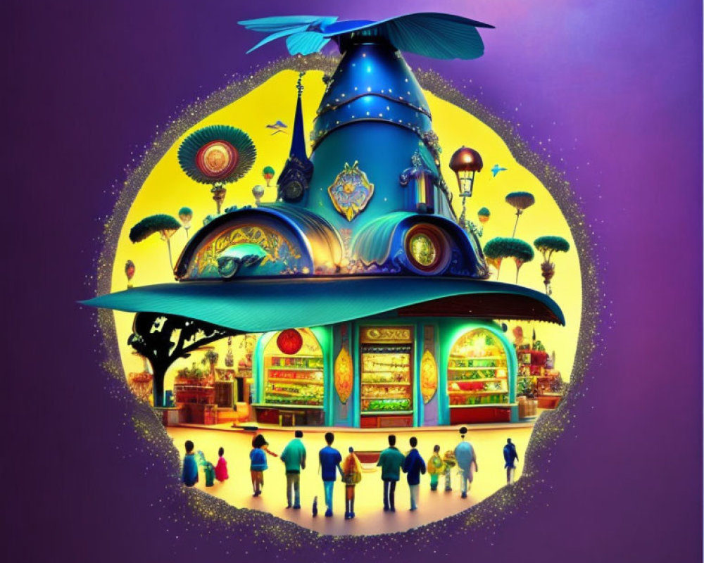 Colorful fantasy building illustration with ornate details and people against purple backdrop