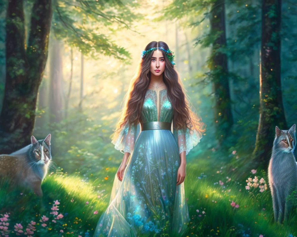 Mystical woman with floral crown in forest with foxes and magical backdrop