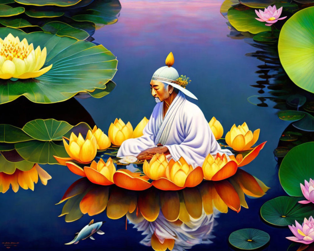 Tranquil painting of person meditating on lotus flower in water