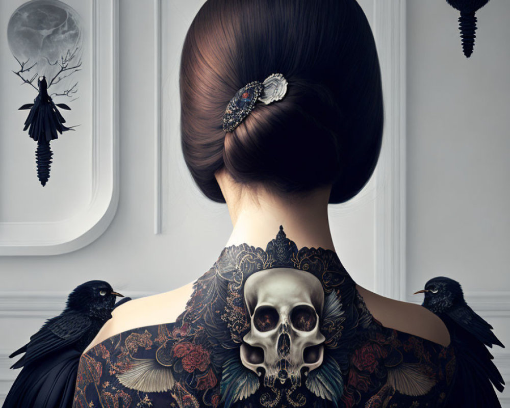 Elaborate updo woman with skull and ravens tattoo gazing at crescent moon and flying