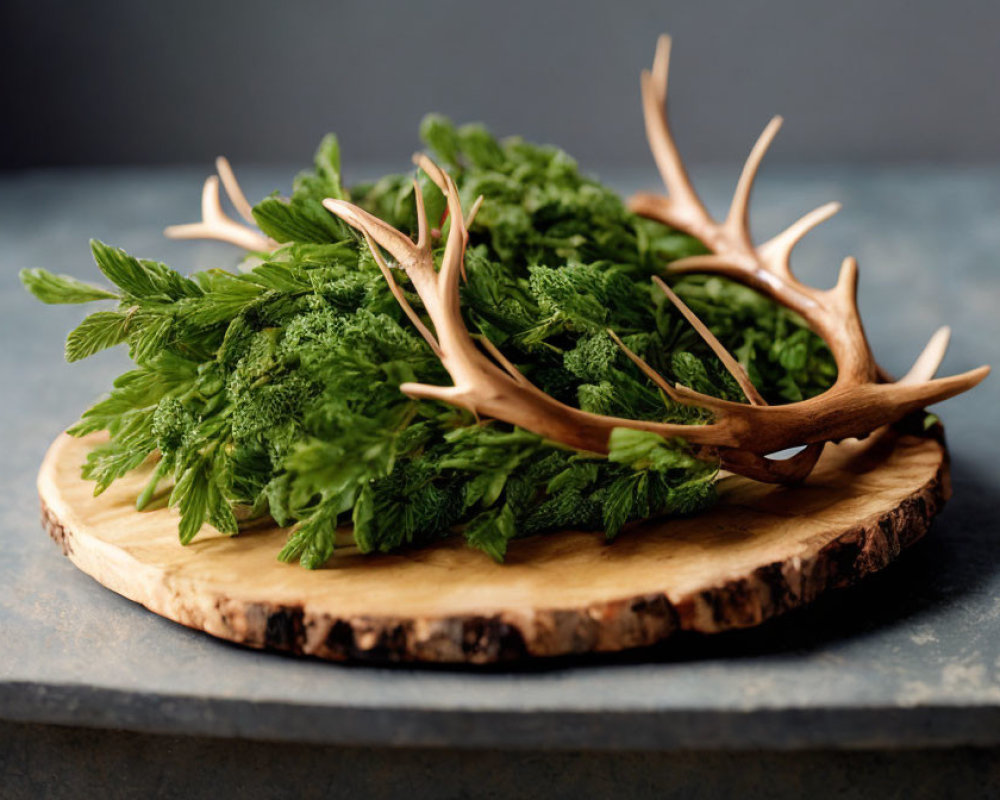 Fresh Green Ferns and Antlers on Wooden Cutting Board Display