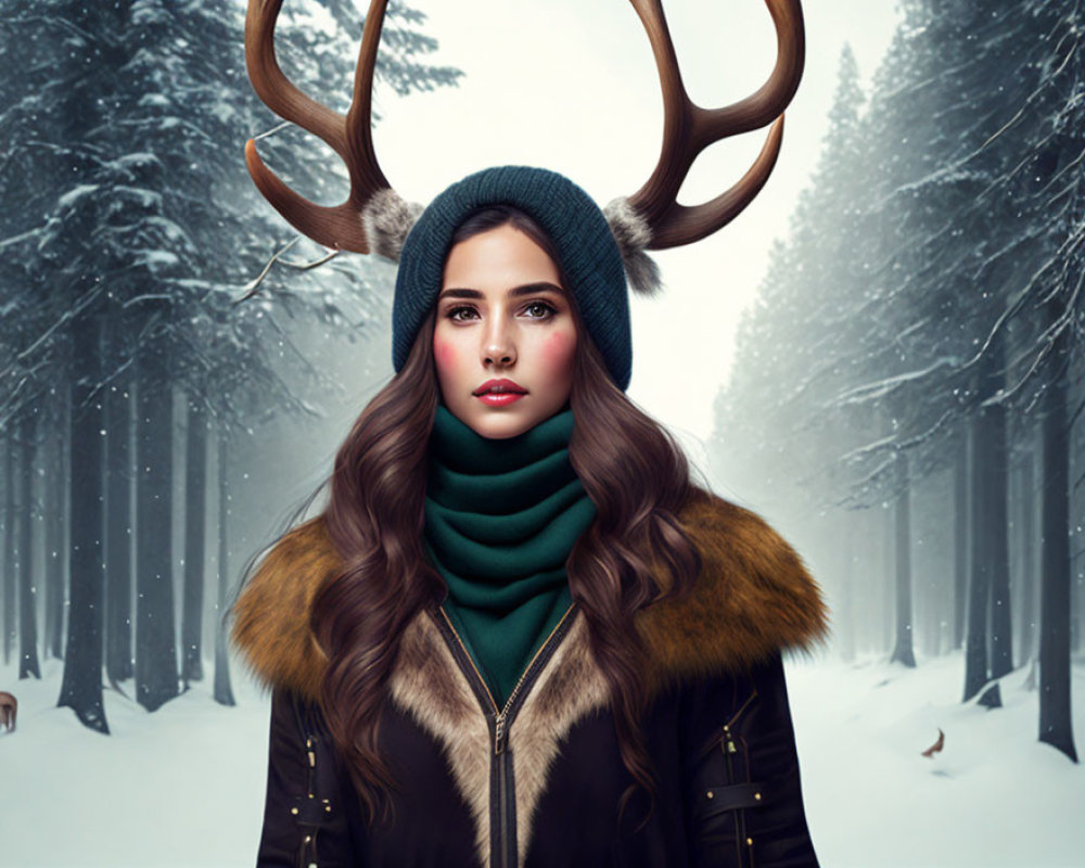 Woman with antlers in winter attire in snowy forest setting