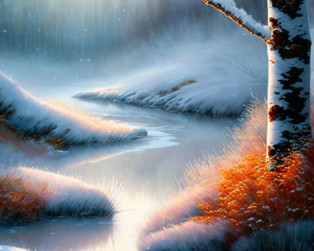 Tranquil winter landscape with flowing river and snow-covered banks