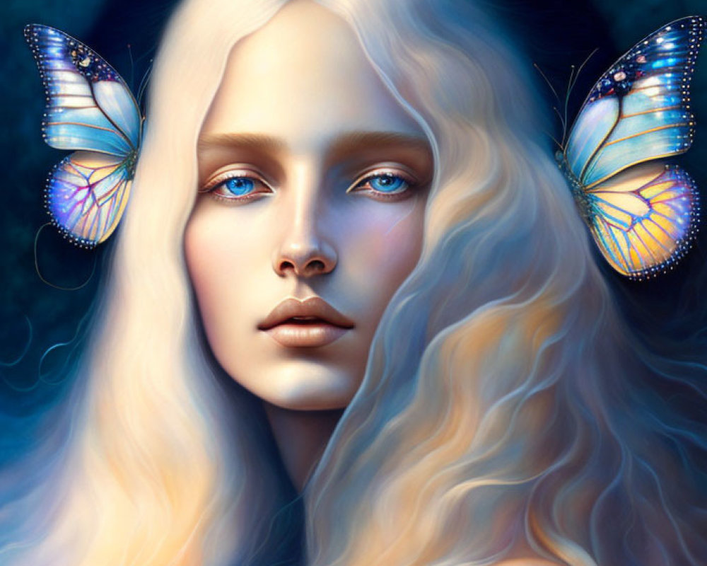 Blonde woman portrait with butterflies on dark blue background
