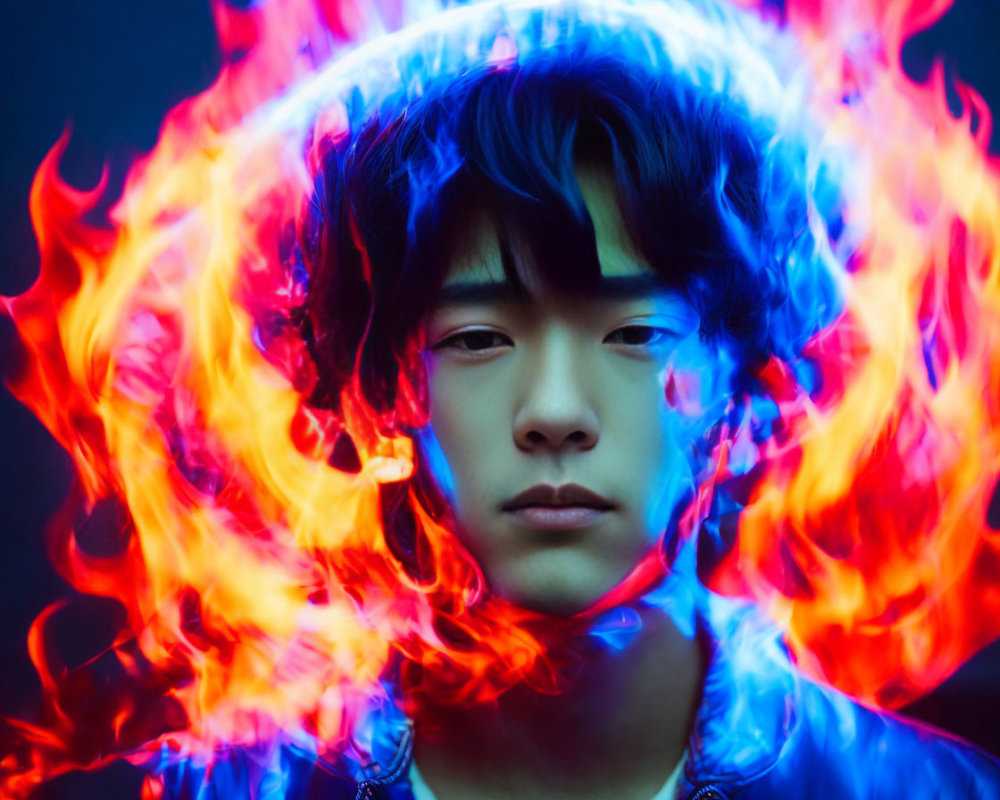 Calm person in vibrant blue and orange flames on dark background