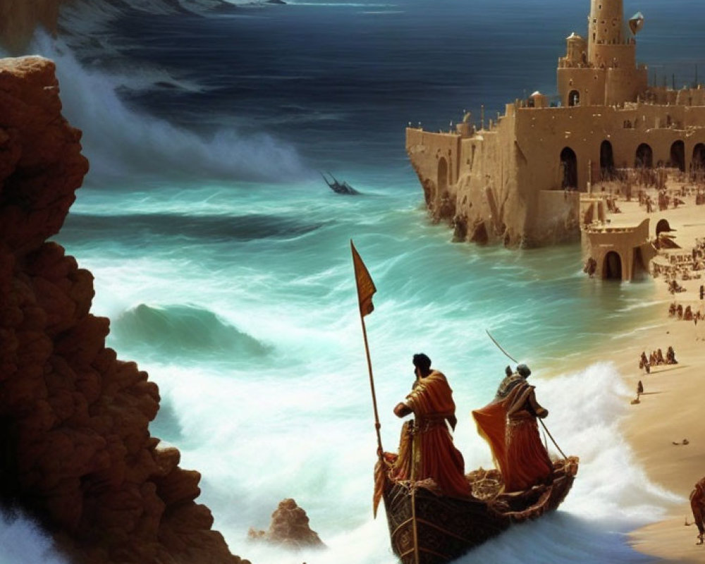 Two people in boat near cliffside with lighthouse in stormy sea