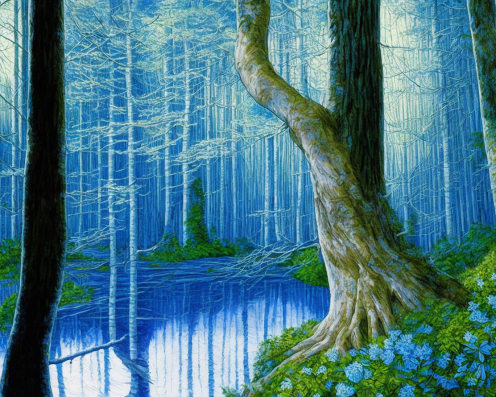 Blue-toned forest with dense trees, curvy trunk, and serene water body