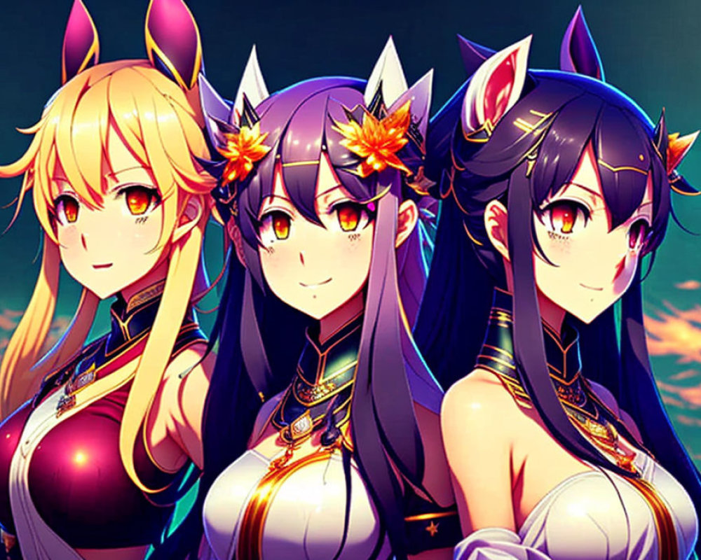 Anime-style girls with pointy and fox-like ears in dark-themed outfits.